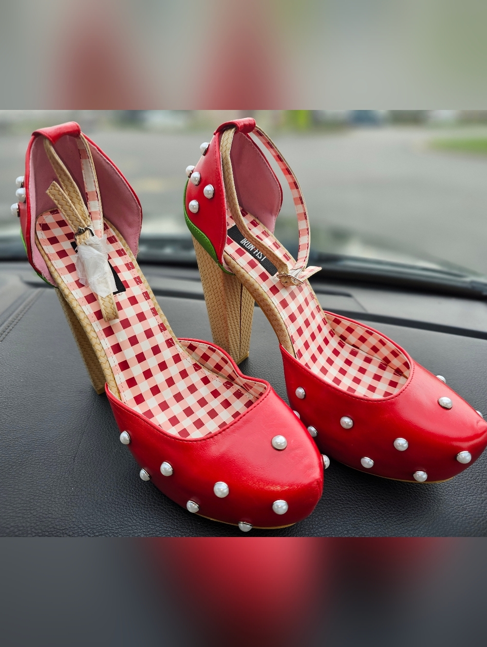 Iron Fist Red Pearl-Accent High Heels Sz10